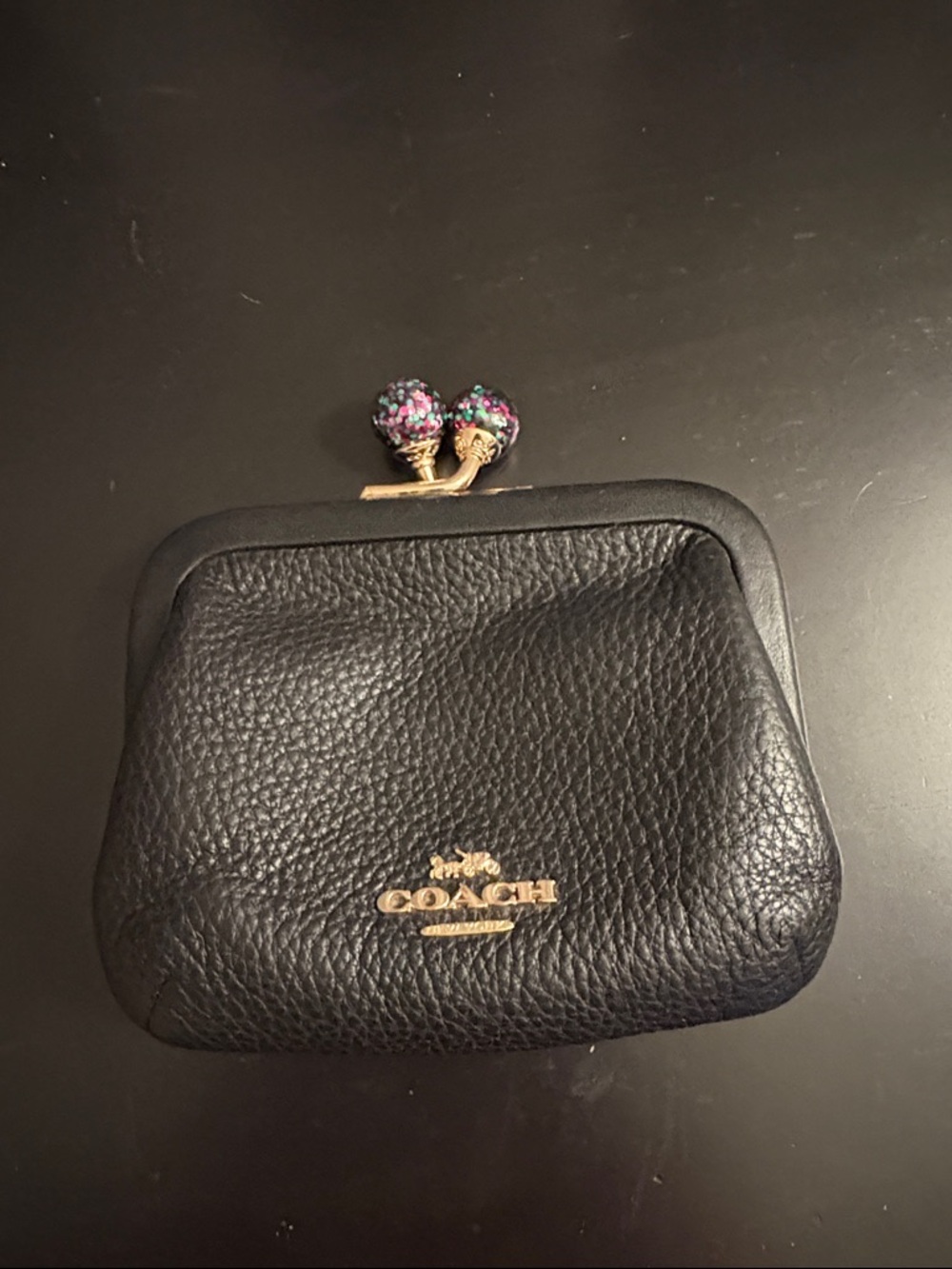 Coach Black Pebbled Leather Kiss-Lock Coin Purse with Floral Ball Clasp